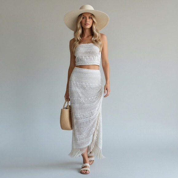 Just Bee Queen Dresses & Skirts - Just Bee Queen Ivory Crochet Lace 2-Piece Set Bandeau Top & Fringed Maxi Skirt M